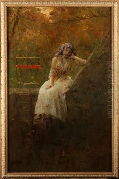 Young Woman In The Garden Oil Painting by Luca Postiglione