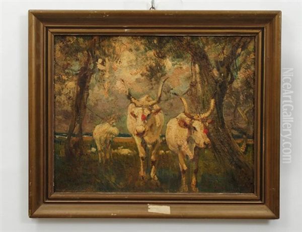 Wooded Landscape With Oxen Oil Painting by Luca Postiglione