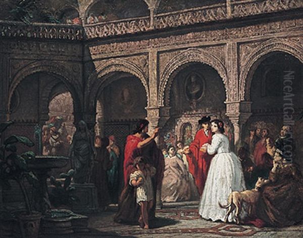 Vornehme Gesellschaft In Malerischem Innenhof Mit Sonniger Beleuchtung. Prachtvolle Schilderung Oil Painting by Gerritt Postma