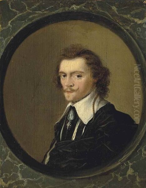 Portrait Of A Man, Half-length, In A Black Robe And White Collar, In A Sculpted Marble Oval Oil Painting by Hendrick Gerritsz. Pot