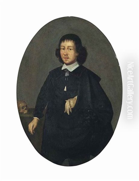 Portrait Of A Gentleman, Three-quarter-length, With A Skull On A Draped Table Oil Painting by Hendrick Gerritsz. Pot