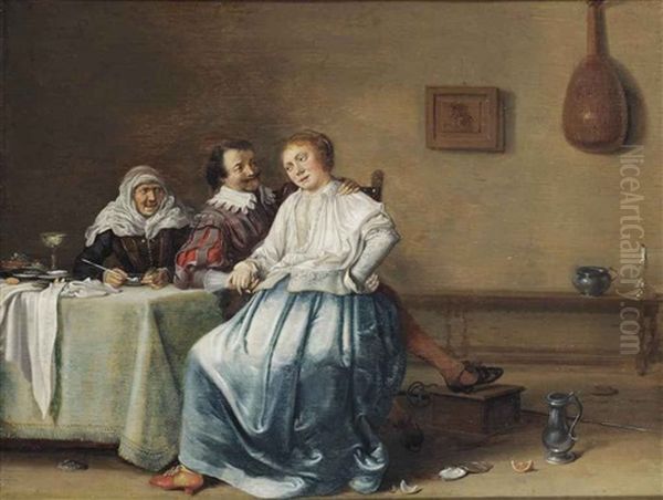 A Brothel Scene Oil Painting by Hendrick Gerritsz. Pot