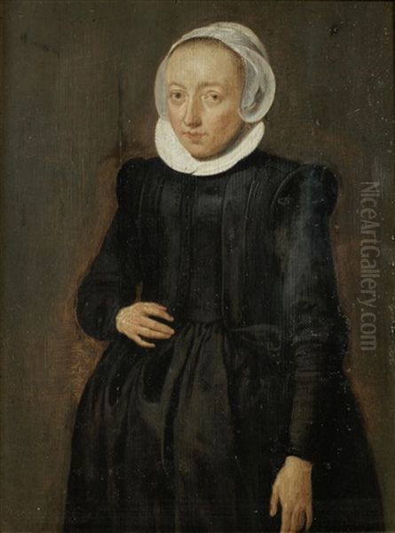 Portrait Of A Lady, In A Black Dress And A White Lace Cap Oil Painting by Hendrick Gerritsz. Pot