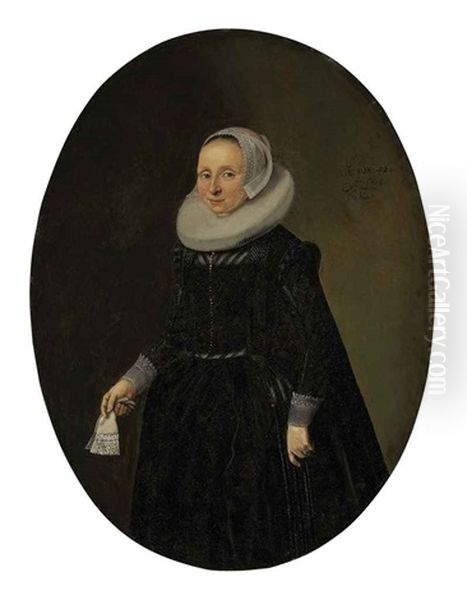 Portrait Of A Lady In Black Holding Lace Gloves Oil Painting by Hendrick Gerritsz. Pot