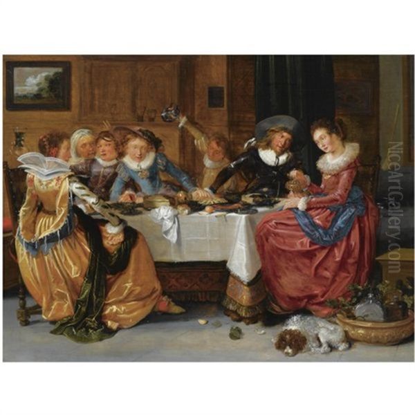 An Elegant Merry Company, Seated Around An Abundantly Laid Table, Drinking, In A Richly Decorated Interior Oil Painting by Hendrick Gerritsz. Pot