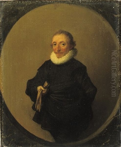 Portrait Of David De Moor In A Black Costume With A White Molensteenkraag Oil Painting by Hendrick Gerritsz. Pot