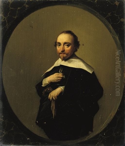 Portrait Of A Gentleman, In A Black Costume With A White Collar, Holding His Gloves Oil Painting by Hendrick Gerritsz. Pot