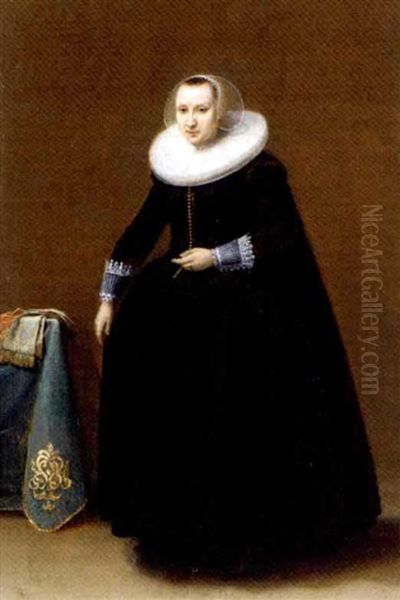 Portrait Of A Lady, Aged 24, Standing Full-length, By A Draped Table, Wearing A Black Dress And A Lace Headdress Oil Painting by Hendrick Gerritsz. Pot