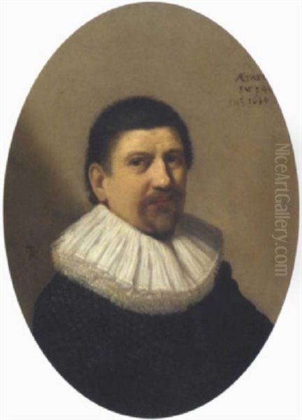 Portrait Of A Gentleman, Aged 46, In A Black Coat And A White Ruff by Hendrick Gerritsz. Pot