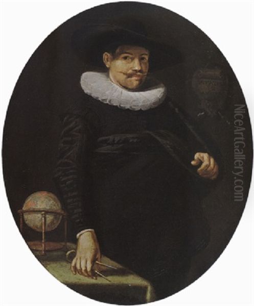 A Portrait Of A Geographer, Aged 34, Wearing A Black Satin Suit With A White Lace Collar And A Black Hat Oil Painting by Hendrick Gerritsz. Pot