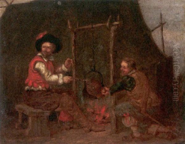 Musketiere An Lagerfeuer Oil Painting by Hendrick Gerritsz. Pot