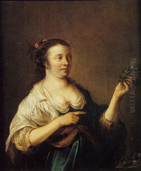 Portrait D'une Jeune Femme Tenant Une Corbeille Oil Painting by Hendrick Gerritsz. Pot