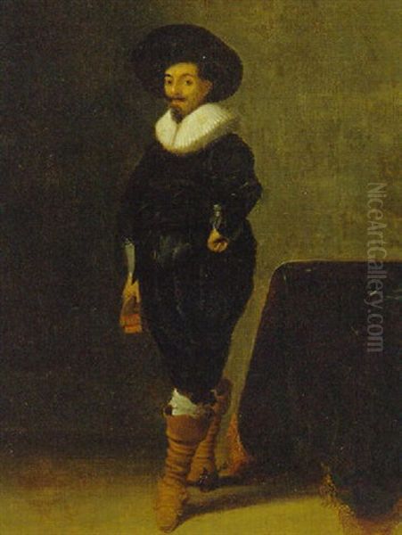 Portrait Of A Gentleman, Standing By A Draped Table Oil Painting by Hendrick Gerritsz. Pot