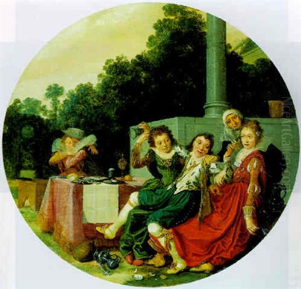 Elegant Figures Seated At A Table In A Park Oil Painting by Hendrick Gerritsz. Pot