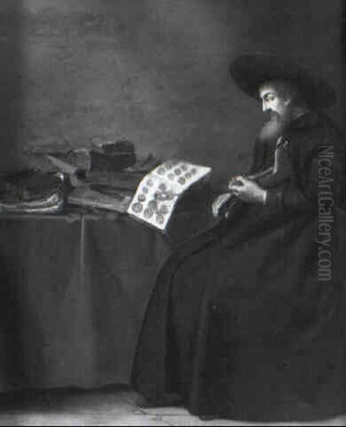 Scholar Playing An Ass' Jawbone At A Table Laden With Books by Hendrick Gerritsz. Pot