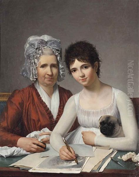 Portrait Of Marie-adrienne Rousseau (born C.1754), Nee Potain, The Artist's Sister, Half-length, In A Red Dress With A Lace Cap, With Her Daughter Rose-marie Charlotte (born C.1785), In A White Dress, A Pug On Her Lap, Drawing At A Desk Oil Painting by Victor Maximilien Potain