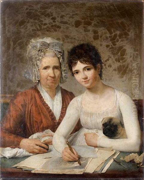 Portrait De Marie-adrienne Potain, Epouse De L'architecte Pierre Rousseau, Et De Sa Fille Rose-marie Charlotte Rousseau Tenant Son Chiot Oil Painting by Victor Maximilien Potain