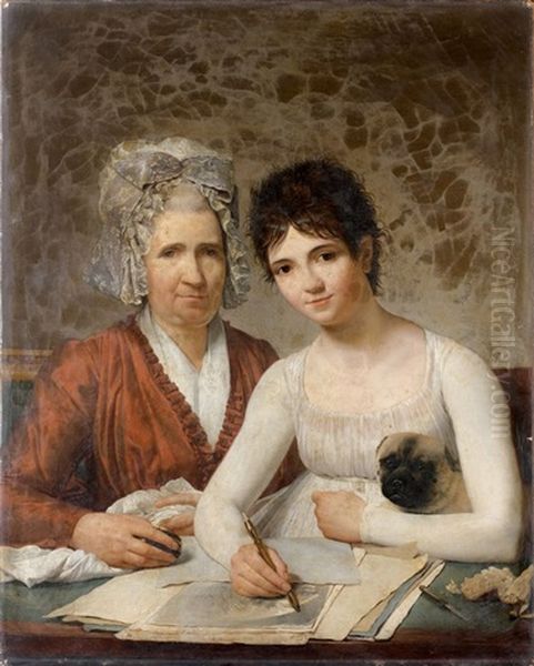 Portrait De Marie-adrienne Potain, Epouse De L'architecte Pierre Rousseau, Et De Sa Fille Rose-marie Charlotte Rousseau Tenant Son Chiot by Victor Maximilien Potain