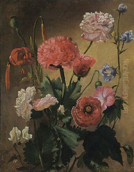 A Still Life With Carnations, Roses And Other Flowers Oil Painting by Pierre Saint-Ange Poterlet