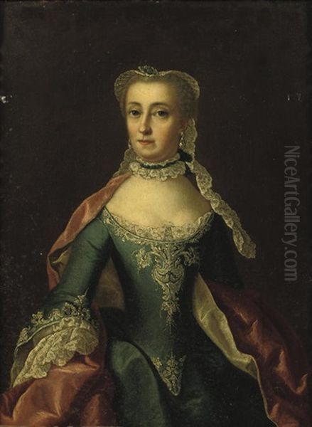 Portrait Of A Lady In A Embroidered Blue Dress And Pink Wrap Oil Painting by Hendrik Pothoven