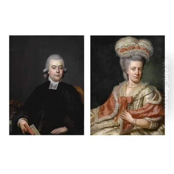 A Portrait Said To Be Of Jacob Henri Vernede, Wearing A Black Coat With A White Collar, Holding A Book (+ A Portrait Said To Be Of His Wife, Petronella Jeanne Du Peyrou, Wearing A White Dress Wit Oil Painting by Hendrik Pothoven