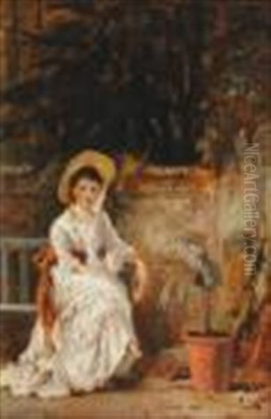 Lady Seated In A Walled Garden by Laslett John Pott