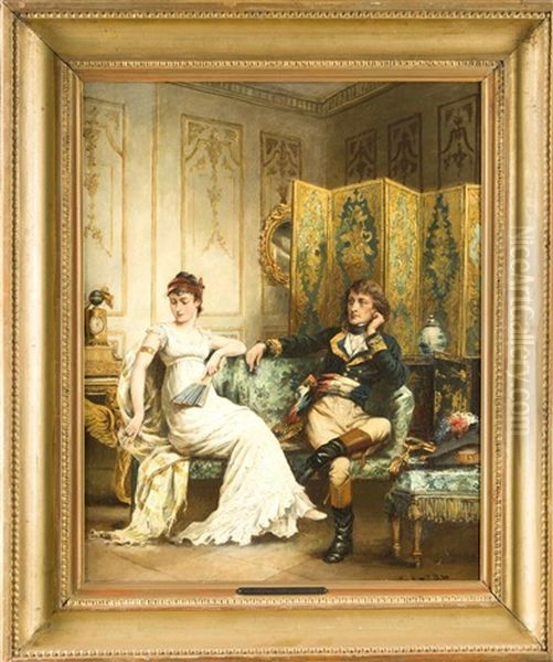 Napoleon Mit Desiree Im Salon, Das Junge Paar Sitzt Auf Einem Sofa In Einem Vertafelten Raum, Der Nach Hinten Von Einem Reich Bemalten Paravent Abgeschirmt Wird Oil Painting by Laslett John Pott