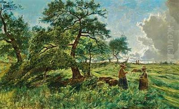 Sommerlandskab Med To Bondekoner, Der Strikker Under De Skyggefulde Traeer Oil Painting by Adolphe Potter