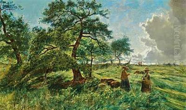 Sommerlandskab Med To Bondekoner, Der Strikker Under De Skyggefulde Traeer Oil Painting by Adolphe Potter