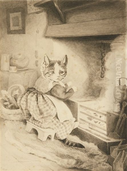 Kitten Warming Her Paws By The Kitchen Fire Oil Painting by Beatrix Potter