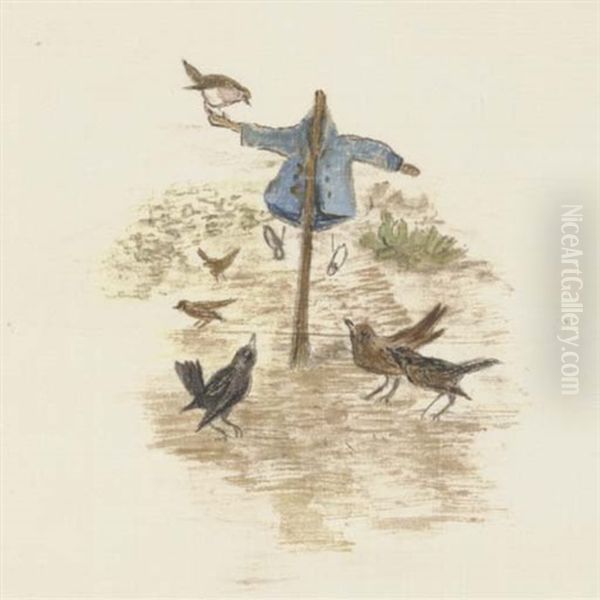 Mr. Mcgregor Hung Up The Little Jacket And The Shoes For A Scare-crow To Frighten The Blackbirds Oil Painting by Beatrix Potter