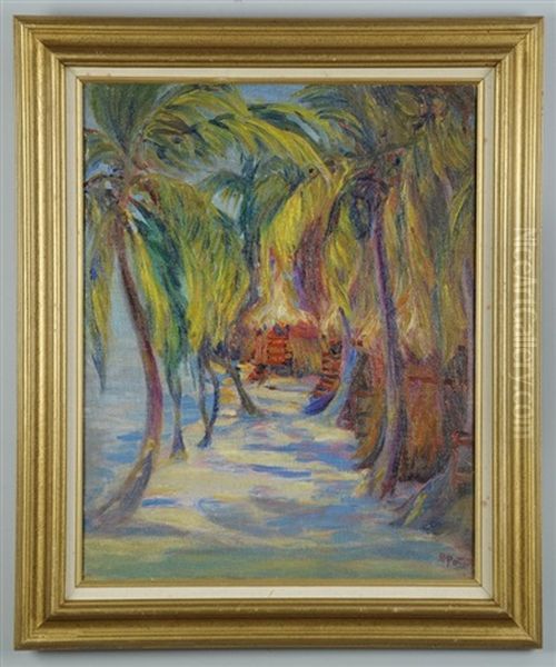 Untitled (tropical Landscape Of A Hut On A Beach, Under A Grove Of Trees) Oil Painting by Bertha Herbert Potter