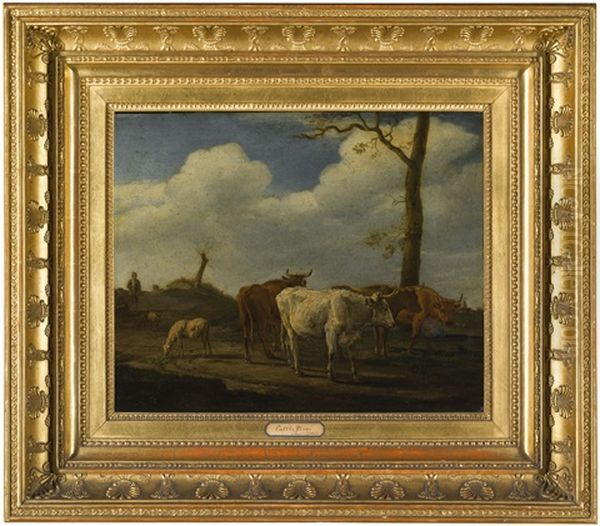 Cattle And Sheep With Herdsmen In A Landscape Oil Painting by Paulus Potter