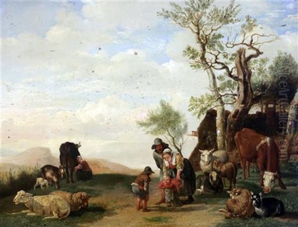 Cattle And Figures In A Landscape Oil Painting by Paulus Potter