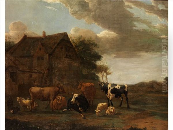 Kuhe Vor Einem Strohgedeckten Bauerngehoft by Paulus Potter