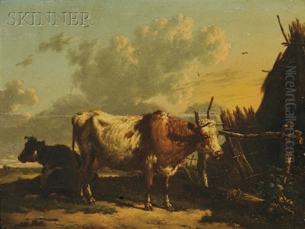 Cattle In A Farmyard (attributed To Nicolaes Berchem (1620-1638)) Oil Painting by Paulus Potter