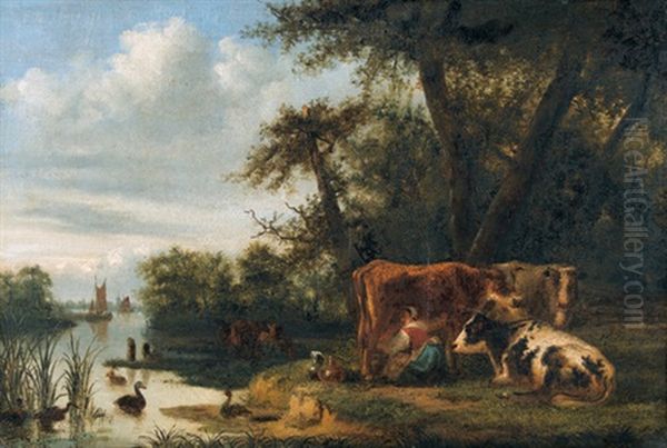 Uferpartie Mit Bauerin Beim Melken Der Kuhe Oil Painting by Paulus Potter