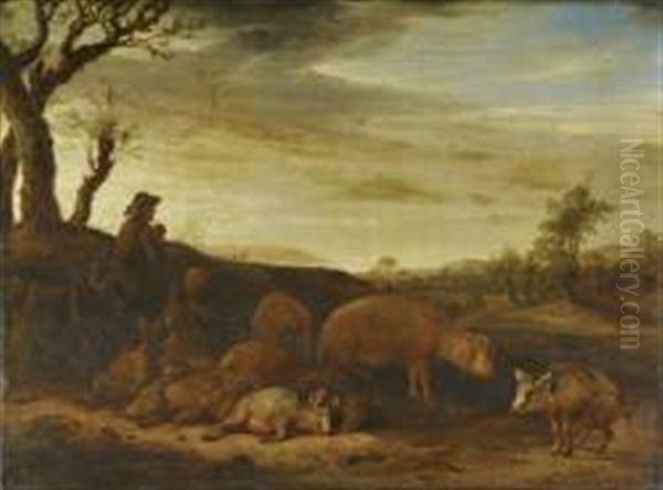 Les Fermiers Et Leurs Cochons (in 2 Parts) Oil Painting by Paulus Potter