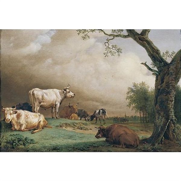 Cattle In A Field, With Travellers In A Wagon On A Track Beyond And A Church Tower In The Distance, A Rain Storm Approaching Oil Painting by Paulus Potter