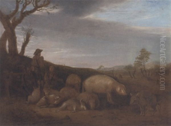 A Herdsman With Pigs In A Landscape Oil Painting by Paulus Potter