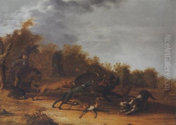 A Boar Hunt In A Forest Oil Painting by Paulus Potter