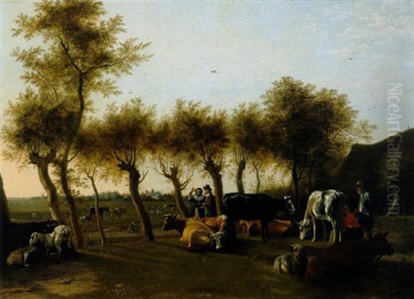 Eine Hollandische Weidelandschaft Mit Hirten, Kuhen Und Einem Eleganten Paar Hinter Den Baumen Oil Painting by Paulus Potter