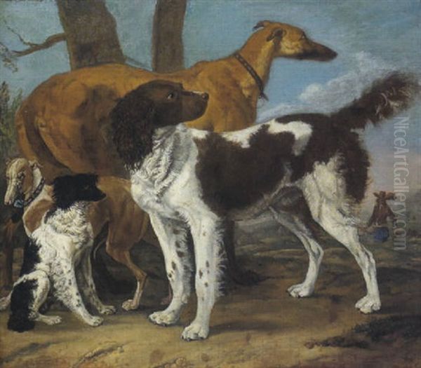 Portrat Von Vier Hunden In Einer Landschaft Im Hintergrund Ein Jager Mit Einem Weiteren Hund Oil Painting by Paulus Potter