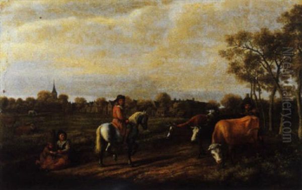 Cavalieri, Contadini E Armenti Sull'aia Di Un Villaggio Oil Painting by Paulus Potter