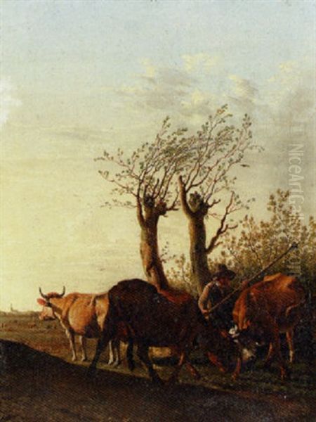 A Cowherd With Bulls In A Landscape Oil Painting by Paulus Potter