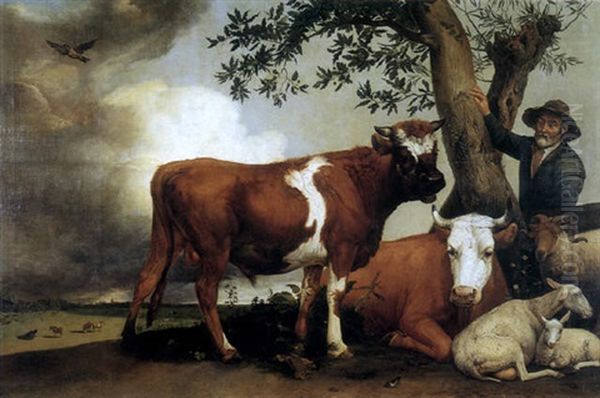 An Extensive Landscape With A Standing Bull, A Cow And A Sheep Resting, With A Herder In The Foreground Oil Painting by Paulus Potter