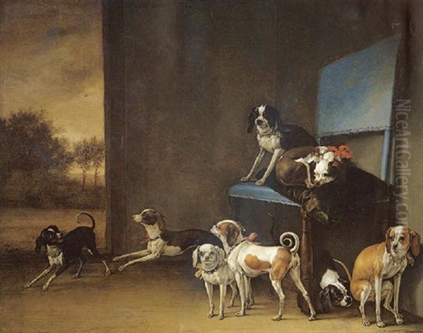 A Hall Interior With A Group Of Eight Dogs, Two Seated Upon A Green Cushion, The Others Resting And Playing On The Ground Oil Painting by Paulus Potter