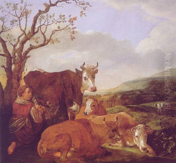 Sudliche Landschaft Mit Kuhen Und Einer Melkenden Frau Oil Painting by Paulus Potter