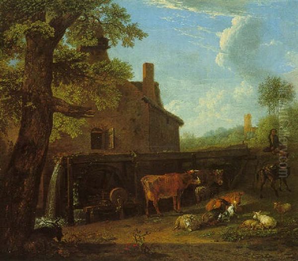 Cattle, Sheep, And Goats At Pasture Near An Over-shot Watermill Oil Painting by Paulus Potter