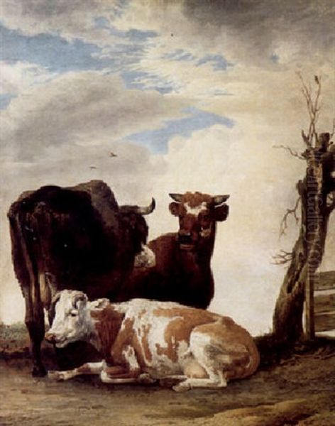 Cows And A Bull In A Landscape Near A Tree And A Fence Oil Painting by Paulus Potter